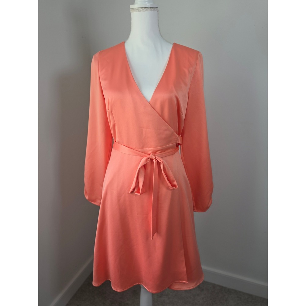 Gianni Bini Coral Peach Satin Long Sleeve Wrap Dress Size 6 Ruched Cuffs, NWT